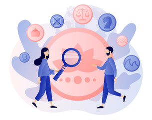 Numismatics. Big old rare collectible coin. Tiny people numismatists collect, selling or buying ancient coins. Hobby or profession. Modern flat cartoon style. Vector illustration on white background