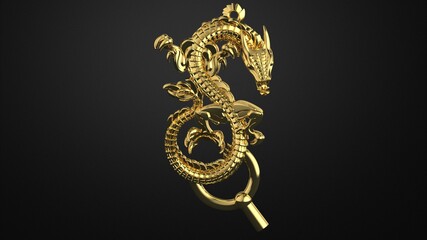 golden dragon, amulet of the chinese golden dragon on a dark background 3d render