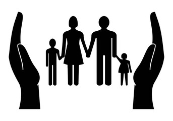 Protección a la familia. Icono de familia de cuatro entre las manos