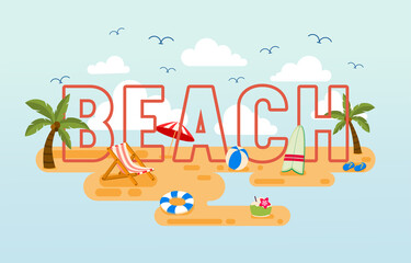 Beach Font at Beach Scene Coconut Trees and Objects with Fresh Air