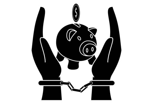 Esclavos del ahorro. Manos esposadas con un cerdo hucha y un d&oacute;lar entre ellas