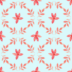 Delicate watercolor floral pattern with flowers and leaves in pink colors on  tender blue background, pattern for fabric, textile, etc.