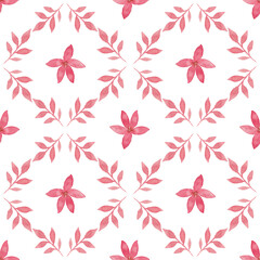 Cute watercolor floral pattern with flowers and leaves in pink colors on white background, pattern for fabric, textile, etc.