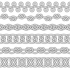 Set of black and white seamless borders. Outline vector illustration