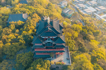Aerial landscape of the City God Pavilion at dusk in Hangzhou, China