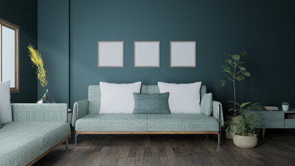 Square poster mockup with Three  frames on empty green wall in living room interior, Living room, 3D Rendering