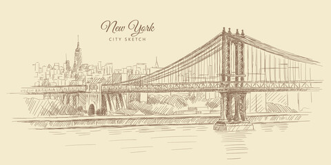 Sketch of a bridge over the river and outlines of a city with skyscrapers, New York, hand-drawn. - obrazy, fototapety, plakaty