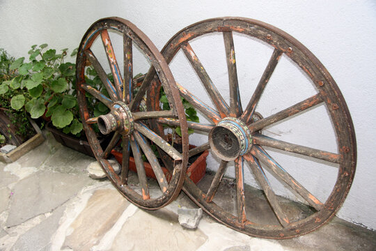 Wooden wheels on the street of Nessebar