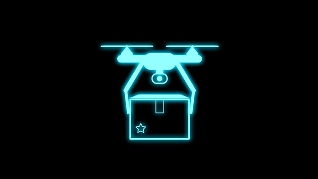 drone dilevery icon in blue blinking light effect on black screen. fast and home dilevery related animation.