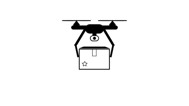 dilevery by drone with box animation isolated on white screen. fast and home dilevery graphic.