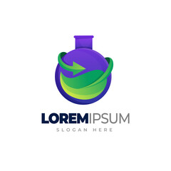 Potion bottle with leaf and arrow icon, green eco lab gradient logo template