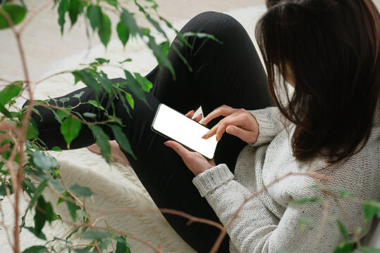 A woman at home, with a phone in her hands. Copyspace