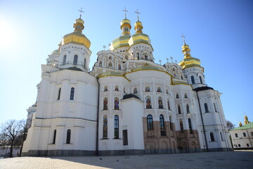 Fototapeta na wymiar Great Lavra bell tower and Uspenskiy Sobor Cathedral in Kiev, Ukraine