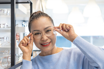 Selective focus at glasses. Senior elder Asian women smile and look at the mirror while choosing beautiful glasses frame trial inside of optical shop, store.  Eye sight for elder, healthcare.