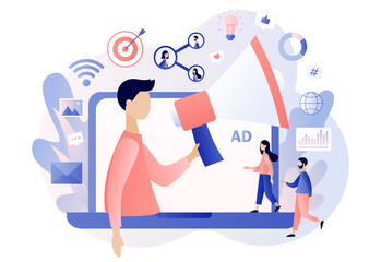 Advertising agency concept. Tiny man with big megaphone in laptop screen. Service advertisement, Digital marketing, SMM, Outdoor advertising. Modern flat cartoon style. Vector illustration 