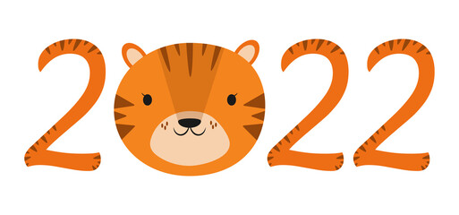 2022 orange numbers with stripes isolated on white. Cute Chinese New Year 2022 Christmas logo with baby tiger character face. Lunar zodiac symbol of 2022 Year of Tiger. Idea for children calendar card