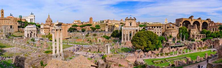 Fototapeta na wymiar Panorama of Roman Forum, a forum surrounded by ruins in Rome, Italy