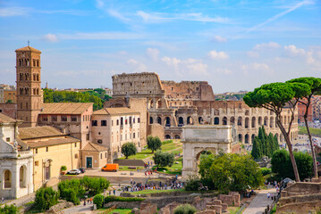 Colosseum and Roman Forum, a forum surrounded by ruins in Rome, Italy