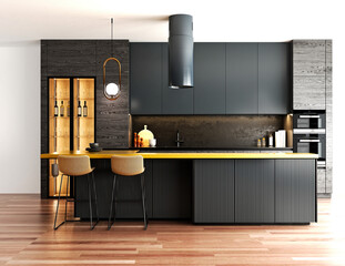 3d render of modern kitchen  black wood design - obrazy, fototapety, plakaty