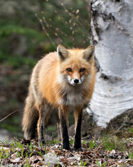 Red Fox Photo Stock. Fox Image. Close-up profile front view looking at camera with a blur and birch tree background in its environment and habitat..  Picture. Portrait.