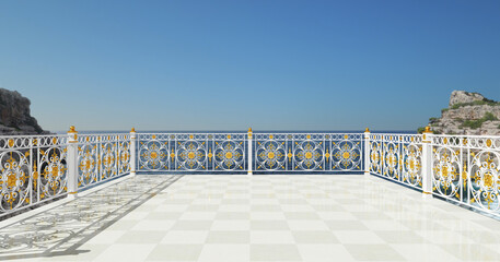 3D render for project. Wrought iron railing. Handrails. Forging metal. White. Gold decor. Balcony. Terrace. Architecture. Luxury hotel. Sea view. Vacation. Metal work. Iron fences. Blacksmithing.