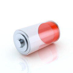 Glossy transparent battery symbol charge indicator on white background. Low power status concept design. 3d render