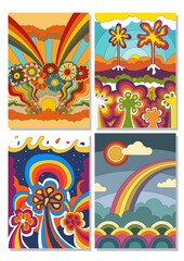 Psychedelic Art Landscapes, 1960s Hippie Art Style Illustration Set
