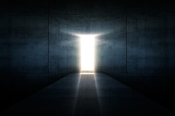 Abstract dark concrete  with opening glowing doorway and bright light coming in. Success busines concept 3D Rendering