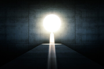 Abstract dark concrete  with opening glowing doorway and bright light coming in Magnifying glass symbol. Success busines concept 3D Rendering