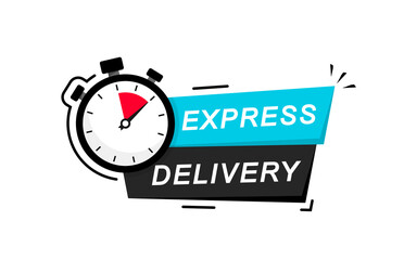 Express delivery icon. Fast delivery, express and urgent delivery, services, stopwatch sign. Timer and express delivery inscription. Fast delivery logo design. Vector illustration