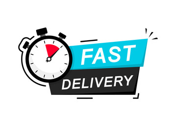 Express delivery icon. Fast delivery, express and urgent delivery, services, stopwatch sign. Timer and express delivery inscription. Fast delivery logo design. Vector illustration