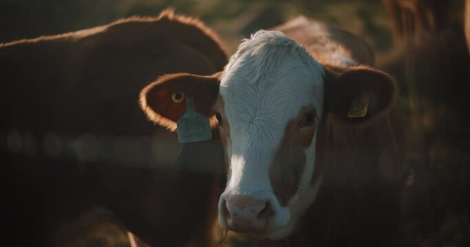 Beautiful cow grazing near the fence at sunset. Slow motion. 