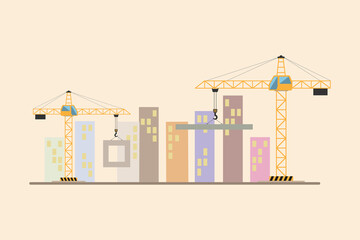 Cranes and houses under construction on a light beige background. Vector illustration. A ready-made design or template for further work.