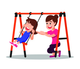 A mother accompanies her daughter on a swing