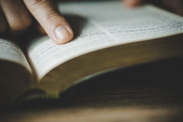 woman's hands while reading the Bible. - obrazy, fototapety, plakaty