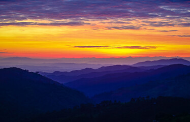 The view of sunrise at Doi Mae Salong mountains in Chiang Rai province Thailand