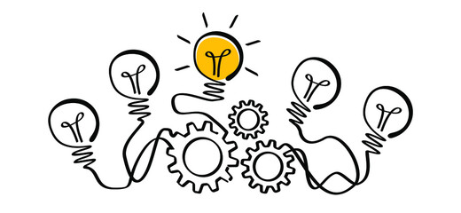 Cogwheels chaos brain line pattern. Cog, gear mechanism settings tools, Comic electric lamp idea doodle. FAQ, business loading, order concept. Fun vector light bulb icon or sign ideas. Brilliant light - obrazy, fototapety, plakaty