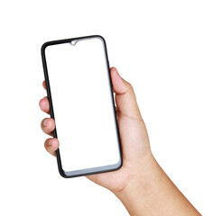 Smartphone concept. A man holding a black smartphone with a white screen. White background. Clipping Path