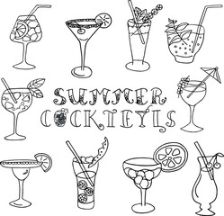  Set of classic summer cocktails. Cocktail glasses of various shapes and configurations. Hand drawn black and white doodles. Vector illustration