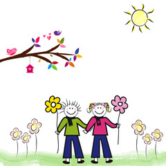 Pareja feliz y rama de árbol.