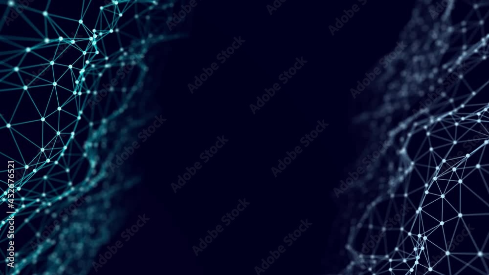 Poster Network connection structure. Data transfer. Abstract background with interweaving of dots and lines. 3D Seamless loop.
