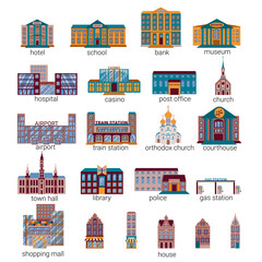 Flat cartoon city buildings. City constructions Infographic set. Vector illustration. Residential buildings with shops, shopping center, school, airport and other colored icons.