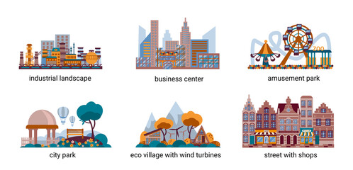 industrial landscape, business center with shops, amusement park, city park with bench, eco-village with wind turbines, street with shops isolated on white.Flat city buildings. Vector illustration