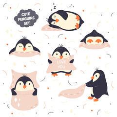 Scandinavian cute funny penguins set isolated. Adorable arctic chubby bird. Trendy design elements for nursery, baby apparel, stickers. Animal illustration poster. Vector flat cartoon childish drawing