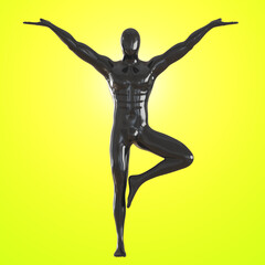 A black faceless male mannequin stands with his legs curled up and his arms outstretched on a white background. 3d rendering