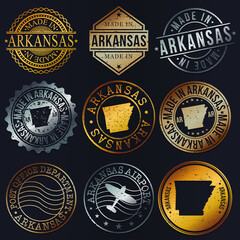 Arkansas, USA Business Metal Stamps. Gold Made In Product Seal. National Logo Icon. Symbol Design Insignia Country.