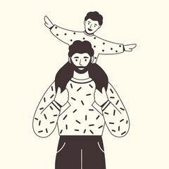 Father and child. Happy dad holding his cute baby on shoulders. Family spending time together. Father's day. Modern design for greeting card, poster, web or print. Flat vector illustration. 
