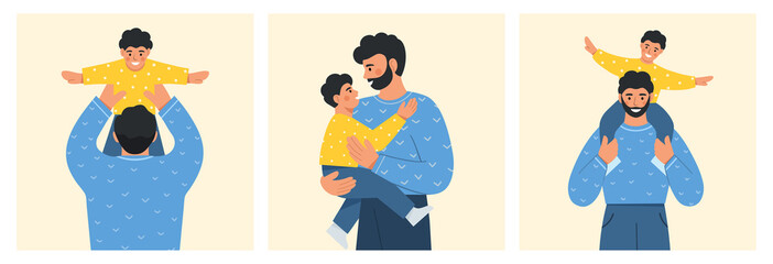 Father and child. Happy dad holding his cute baby in arms. Family spending time together. Father's day. Modern design for greeting card, poster, web or print. Collection of flat vector illustration.