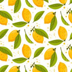 Seamless pattern with lemon fruits and green leaves isolated on white background. Fresh citrus. Exotical tropical plant.  Modern design for wrapping paper, print or textile. Flat vector illustration.