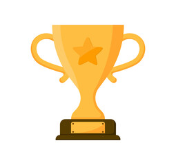Trophy golden cup. Winner cup with star in flat style. Prize champion. Vector icon.